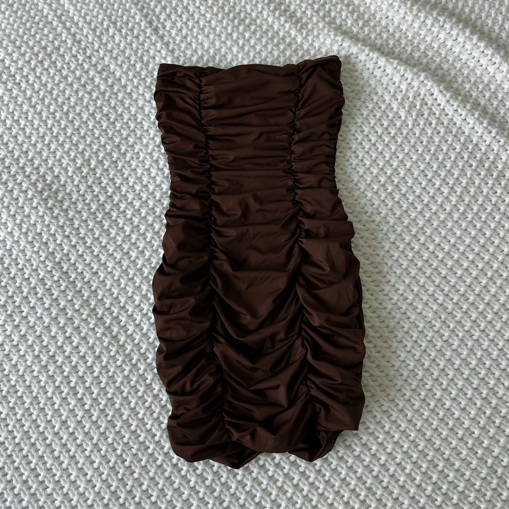brown scrunch mini dress